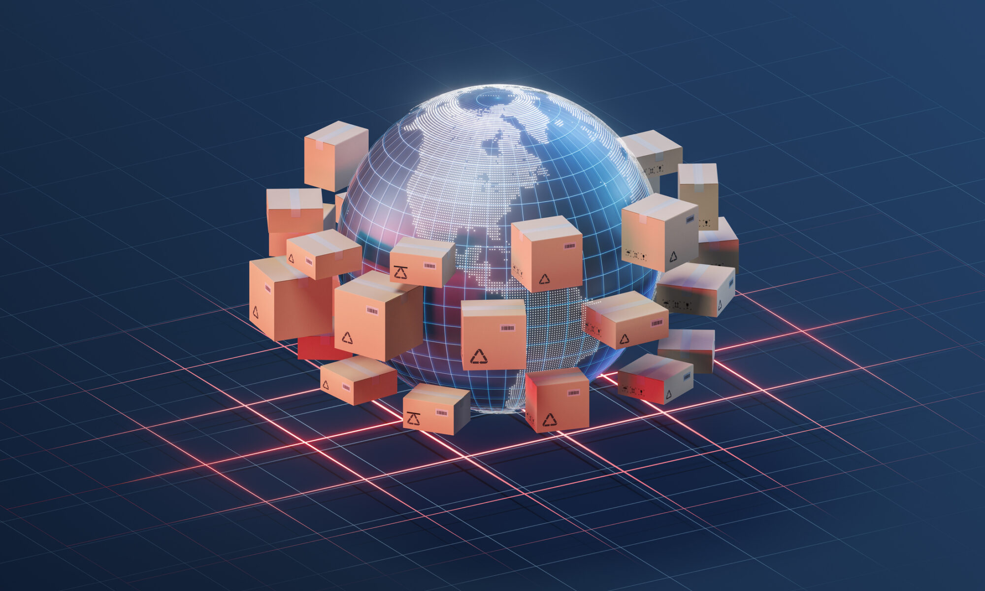 An illustration of boxes circling the globe to show the supply chain.
