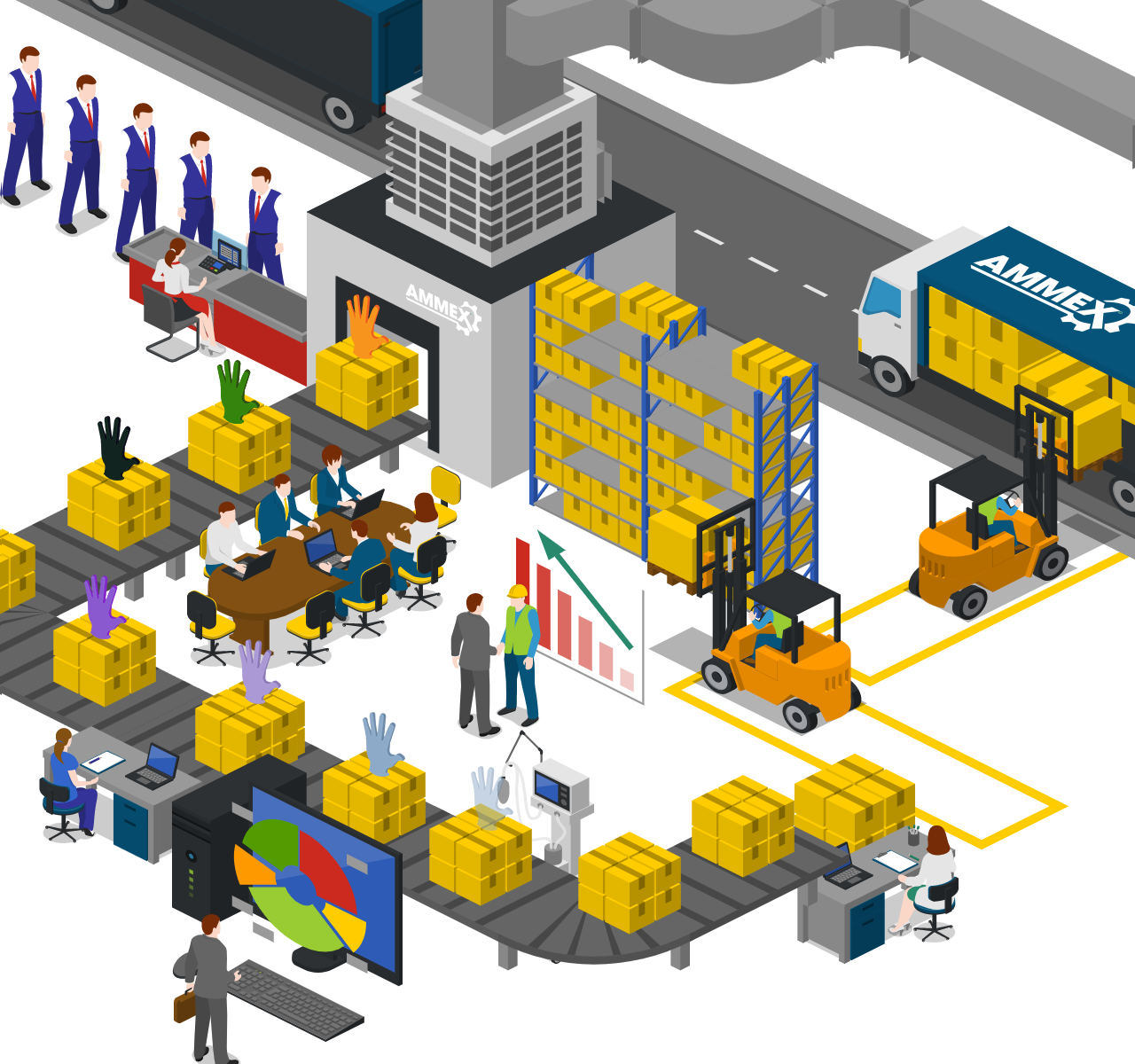 An illustration shows a production line producing both salespeople and disposable gloves.
